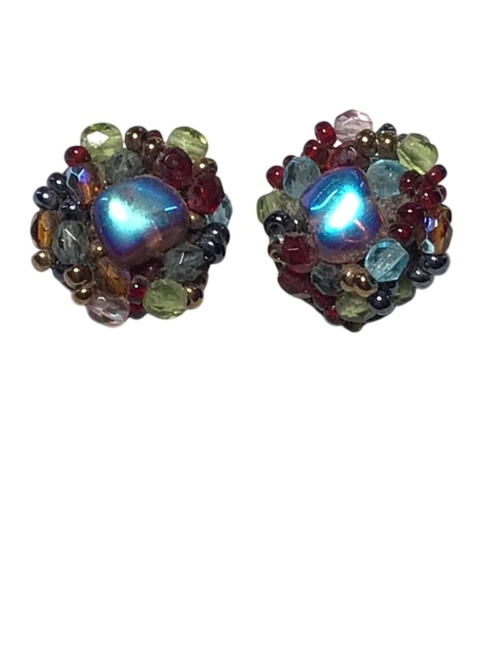 Vintage Italian Beaded Clip-On Earrings Multicolor Blue Green Red Silver Tone Se